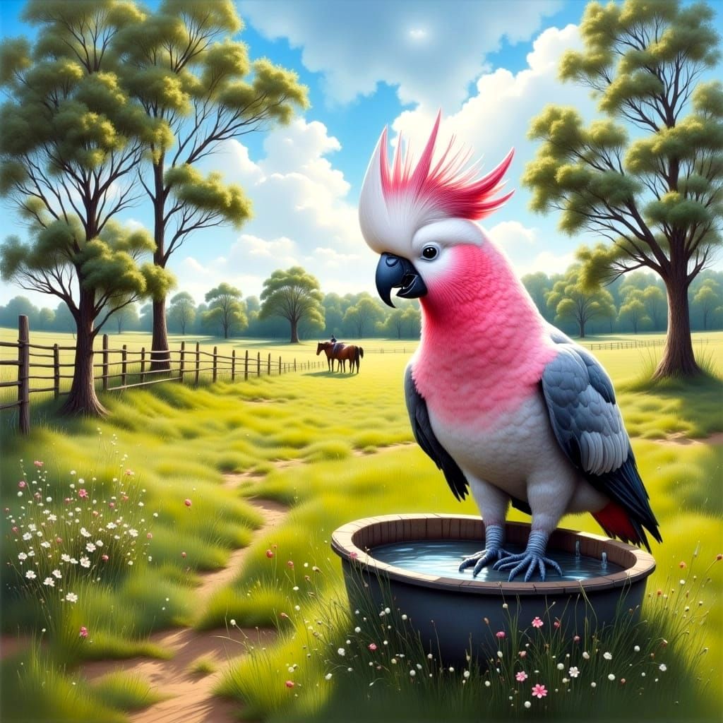 Hyperrealistic Australian Landscape with Galah and Horses