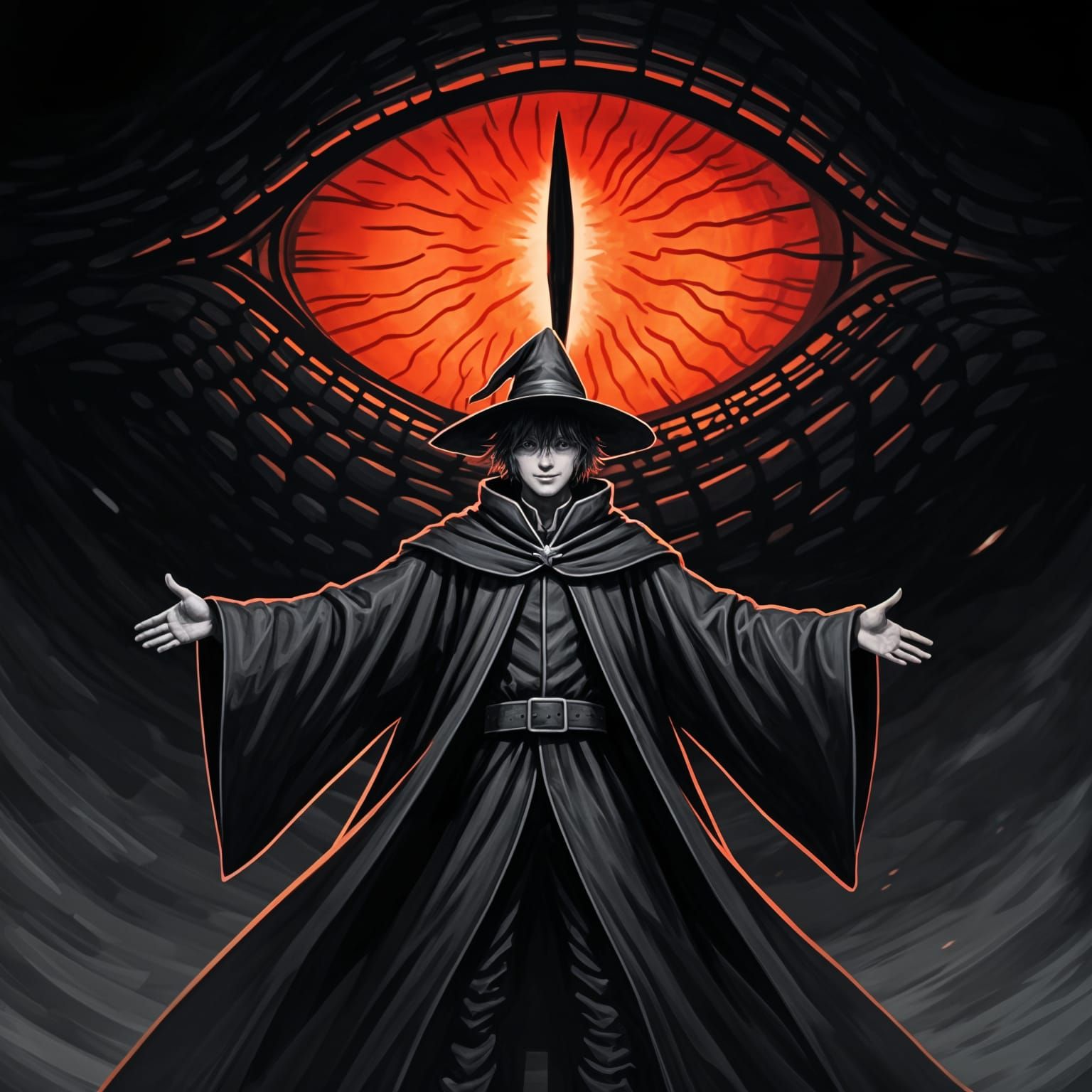 Mysterious Wizard in Black and White with a Glowing Red Eye