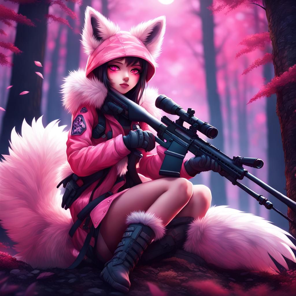 Anime Hunter Girl with Fox Features in Forest