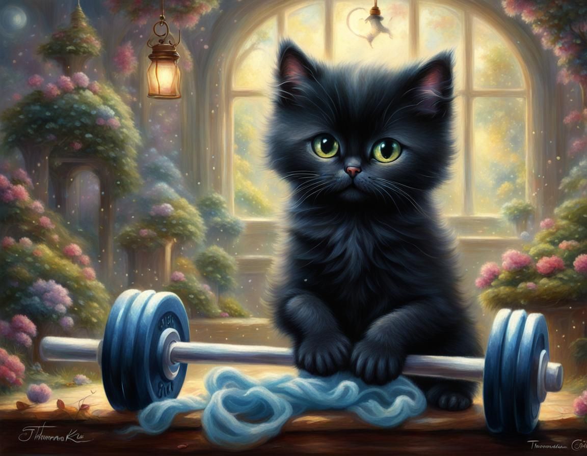 Big-Eyed Kitten Lifts Weights: Ethereal Fantasy Art