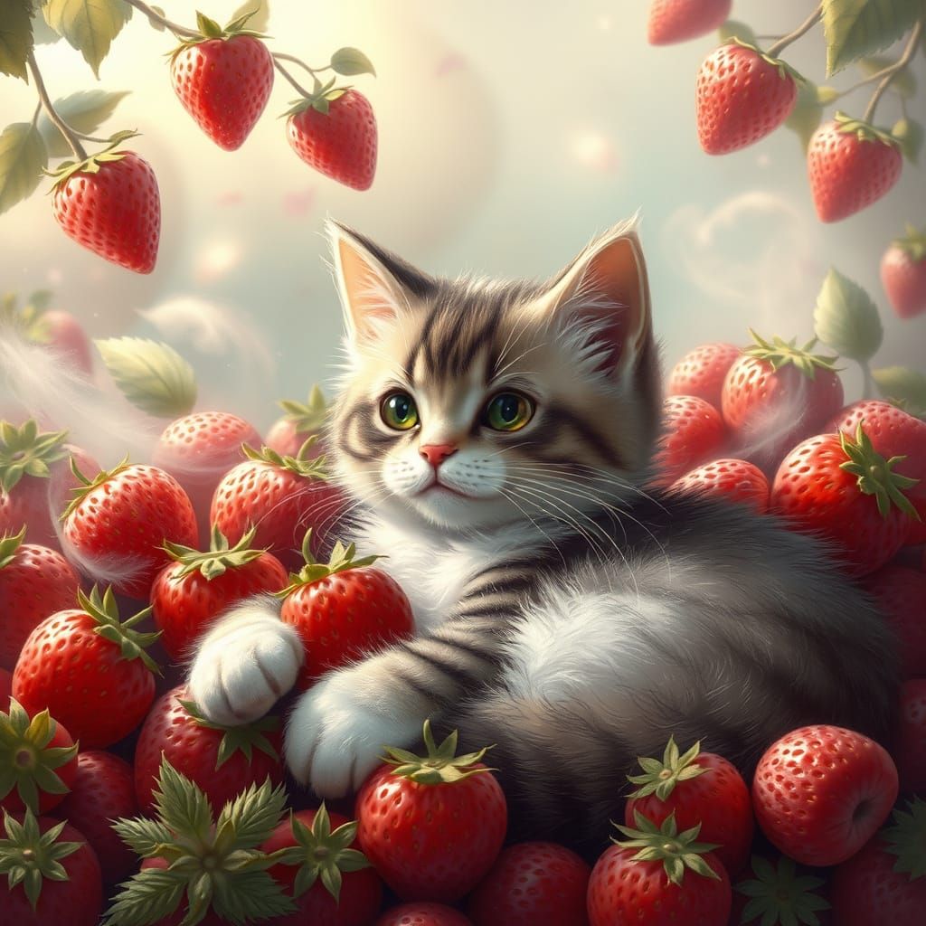 Whimsical Cat in Strawberry Paradise