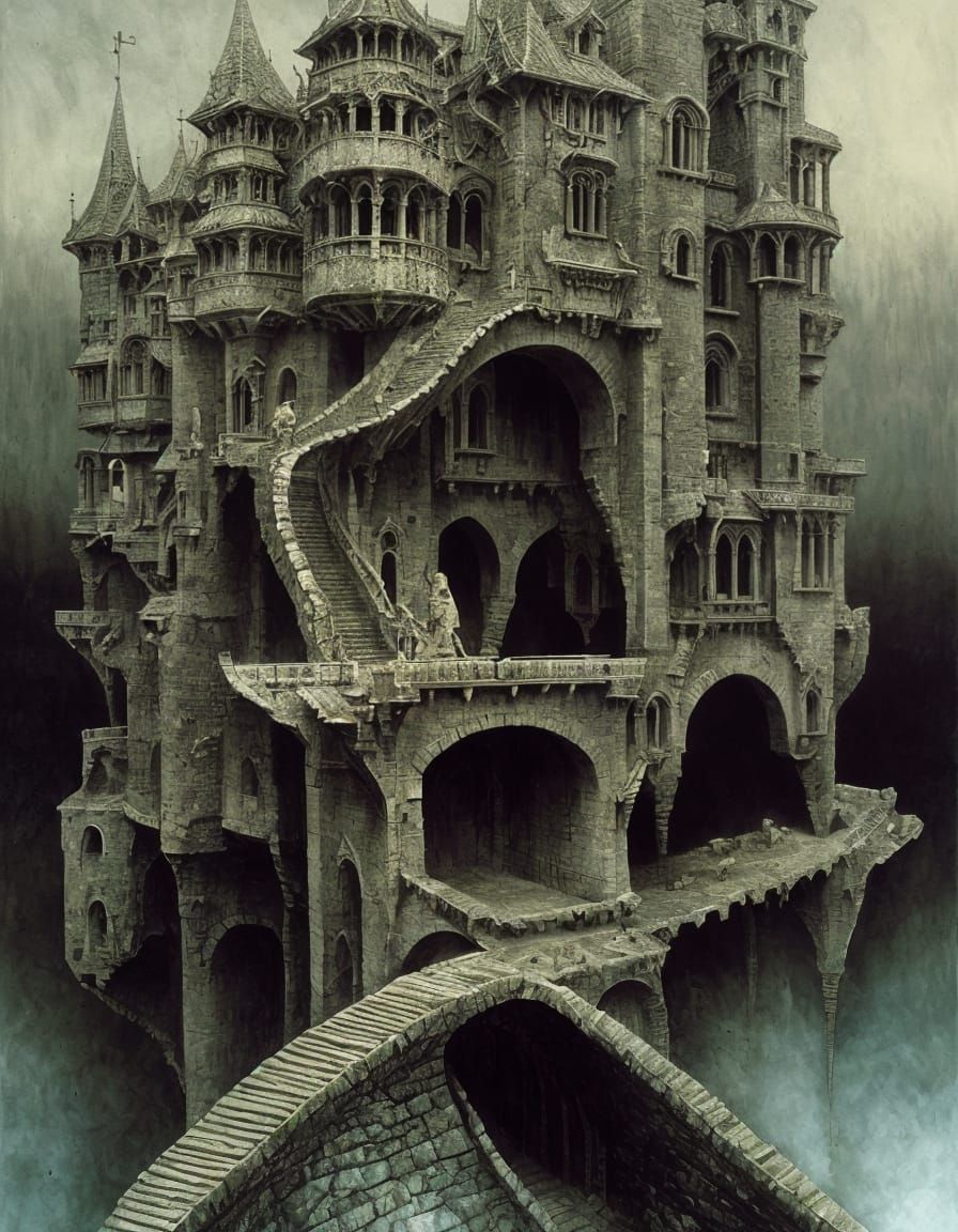 Surreal Castle with Drawbridges in Dark Style