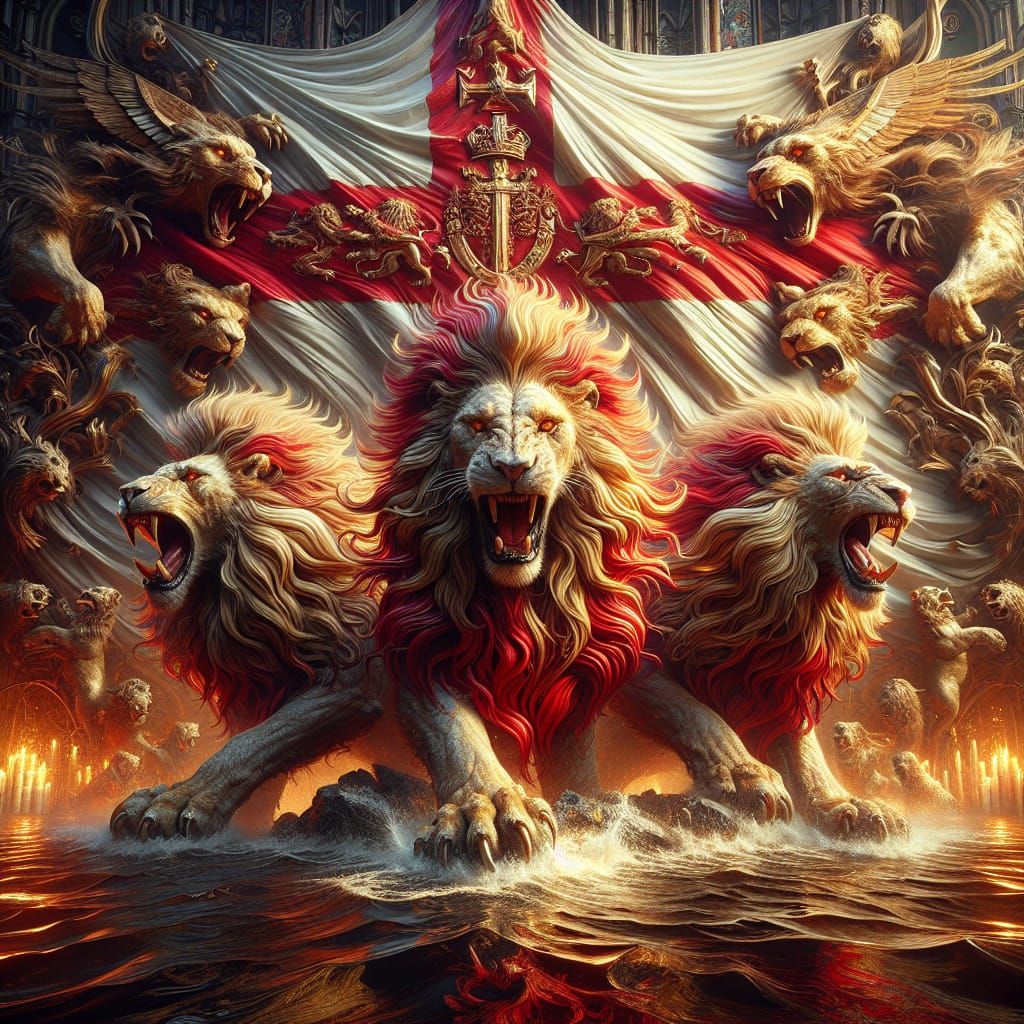 Three Lions Roaring Under England Flag: Fantasy Art