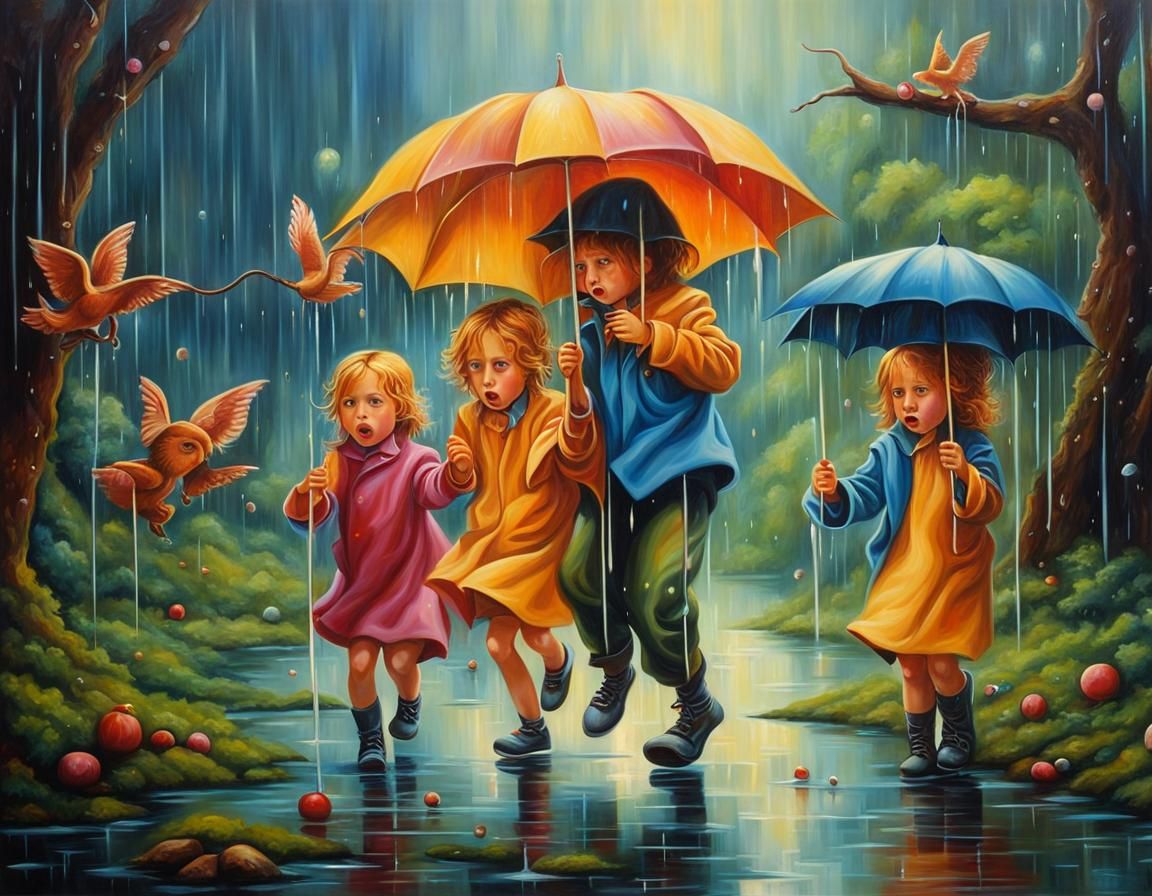 Kids Playing in Rainy Fantasy: Surrealist Painting