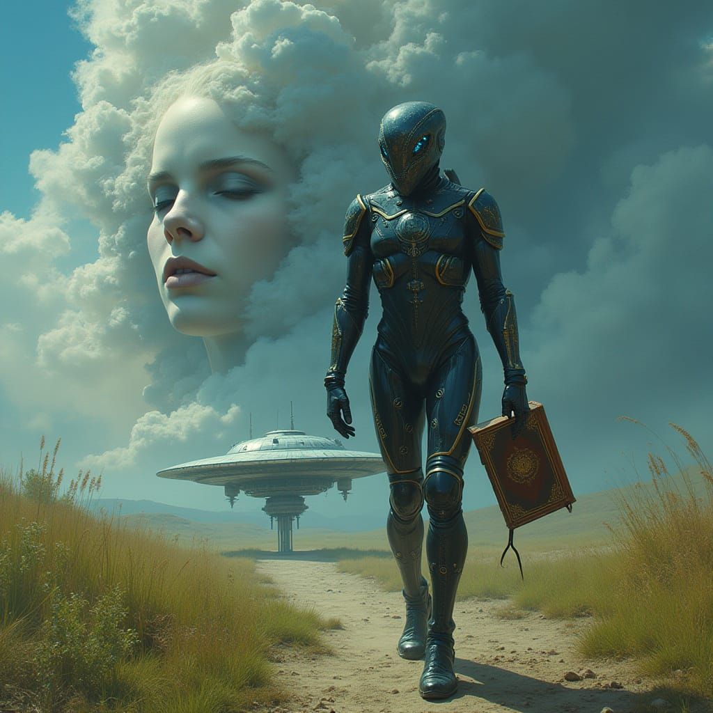 Alien Commander Enters UFO with Ominous Book, Against a Mour...