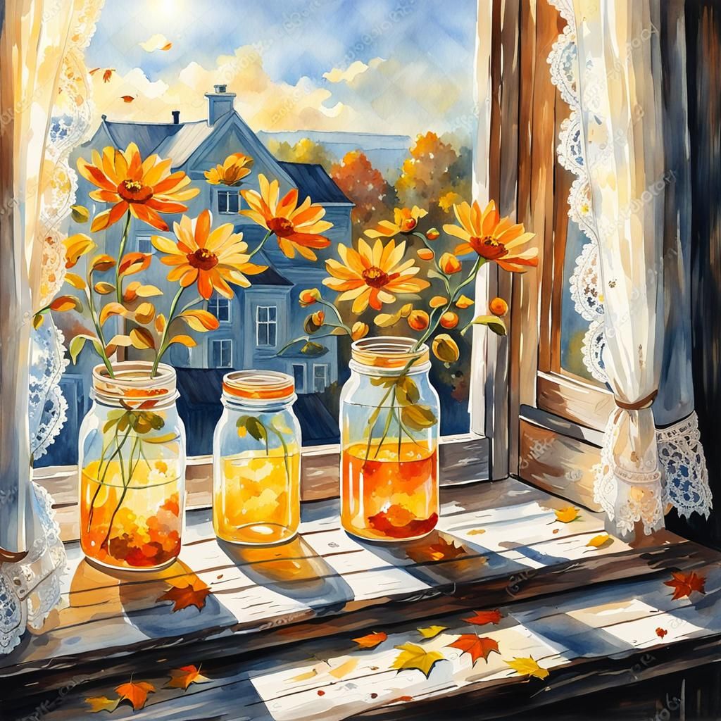Watercolor Autumn Flowers in Jars