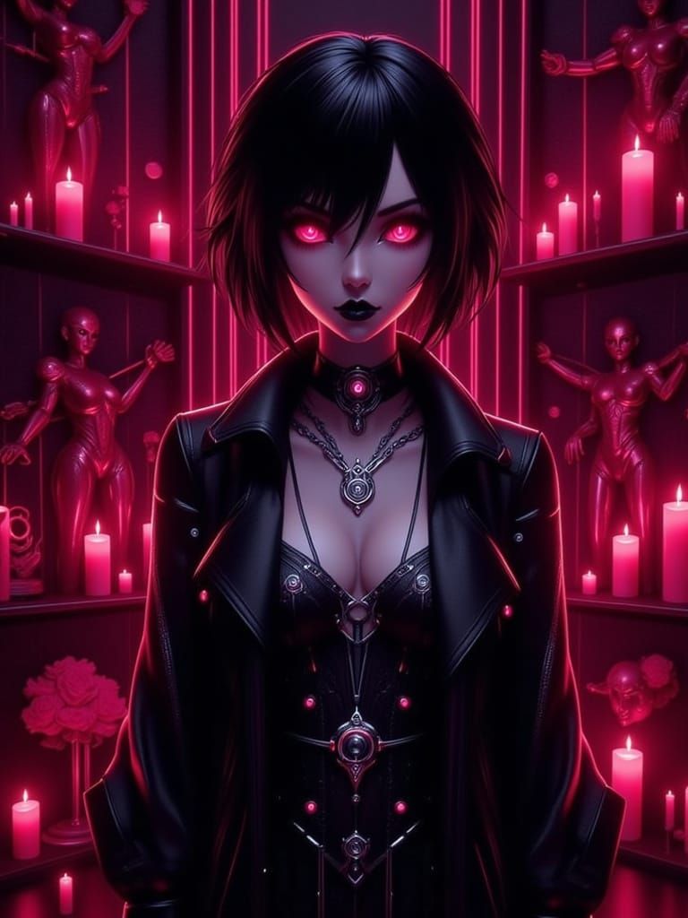 Short black haired goth elf woman with red eyes and lips, pale complexion, wearing goth clothes and silver jewelry stand...