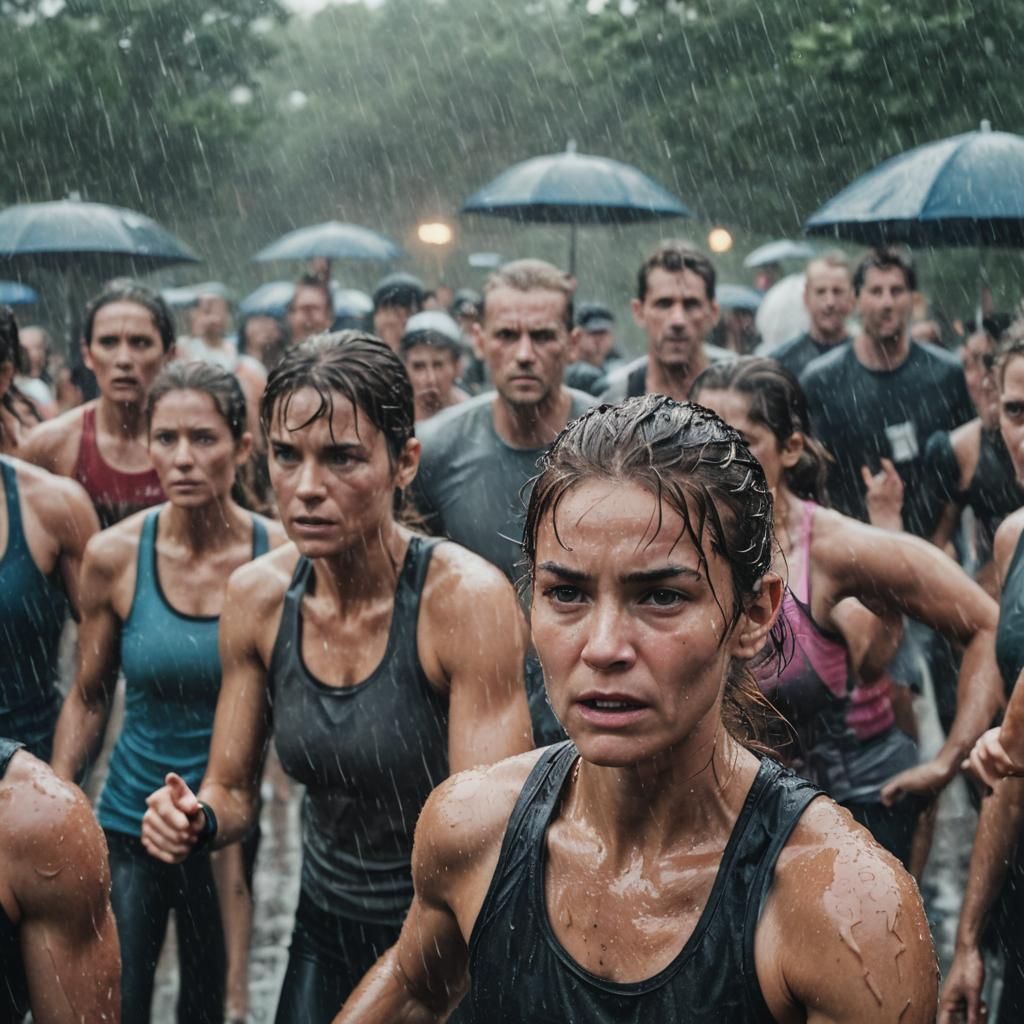 Sweaty Fitness Class in the Rain: Cinematic Still