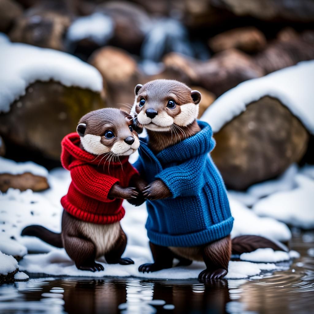 Chibi Otters Playing in Winter: Bokeh Photography