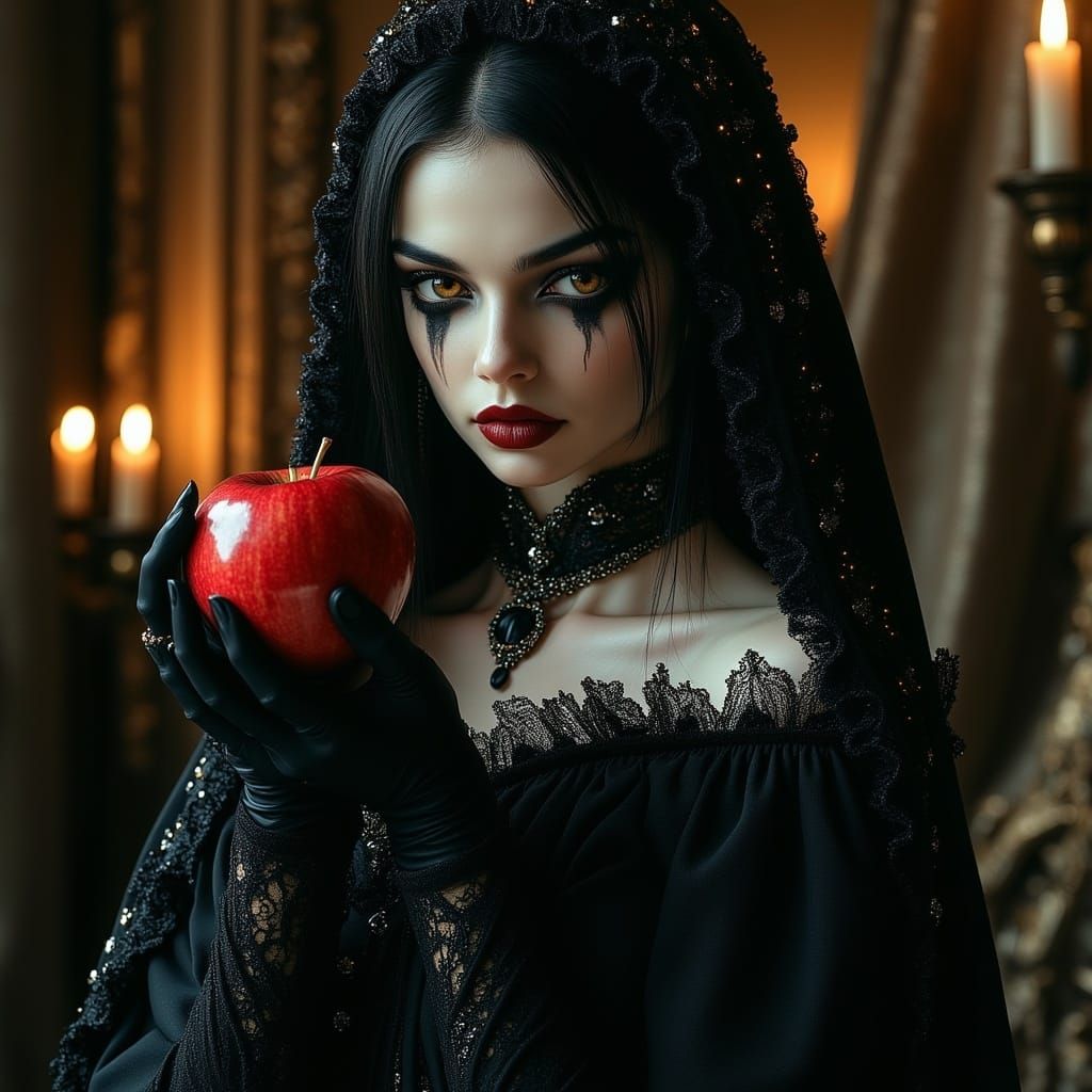 Ethereal Gothic Beauty Holds a Vibrant Red Apple in Dim Cand...