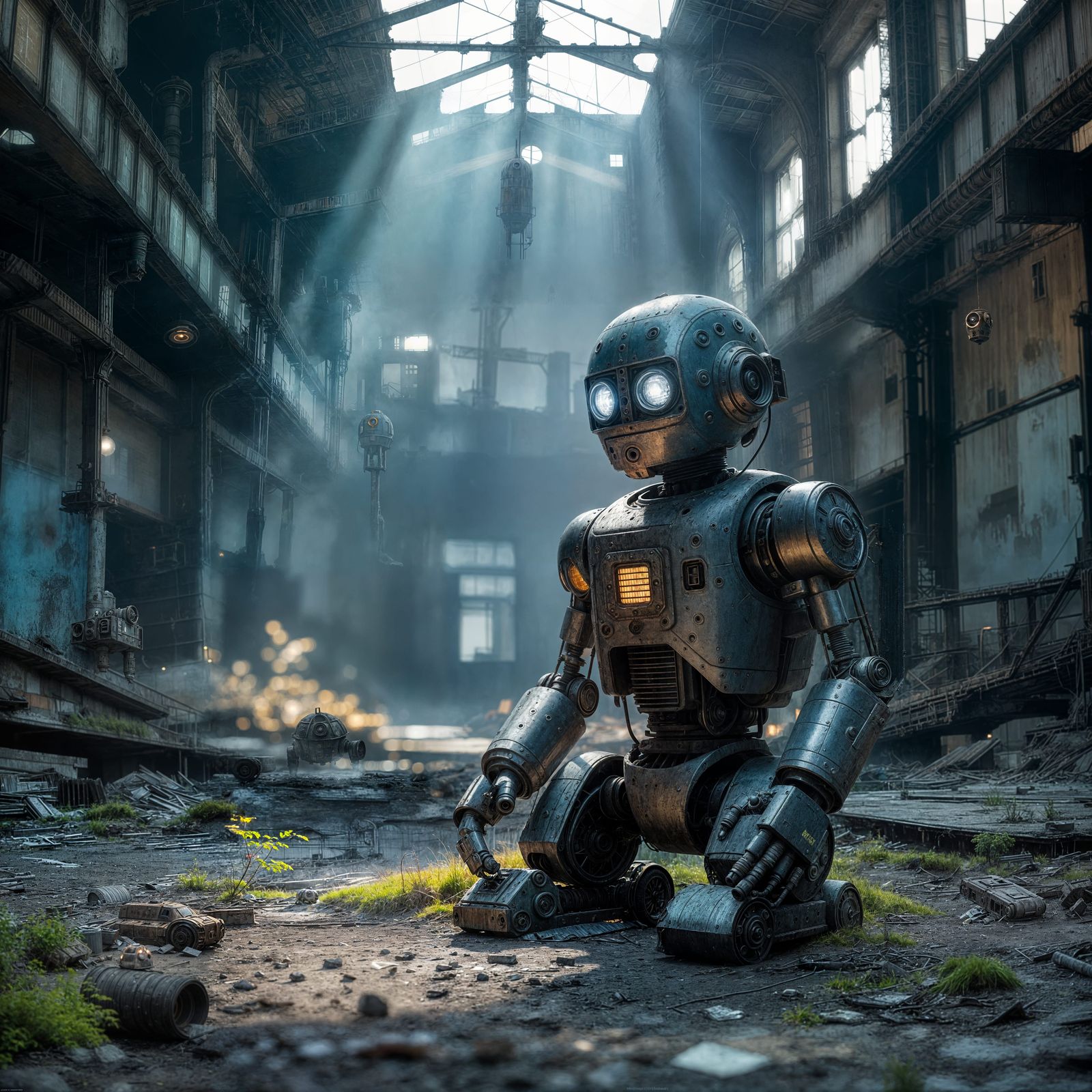 Lone Droid in Sunlit Abandoned Factory Ruins
