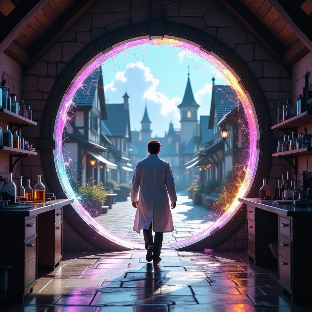 Scientist's Portal to Medieval Village in Sci-Fi Style