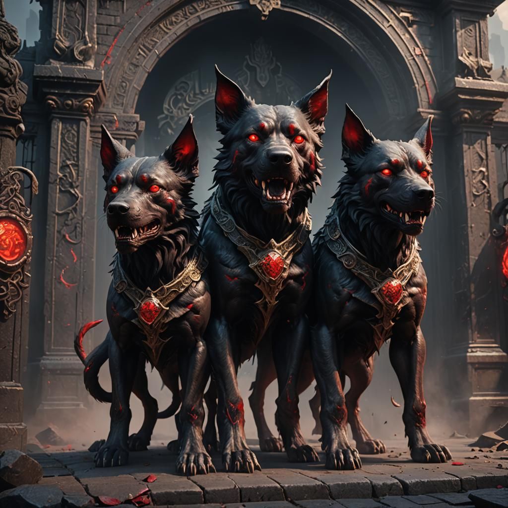 A powerful Cerberus, a three-headed dog guarding the gates o...