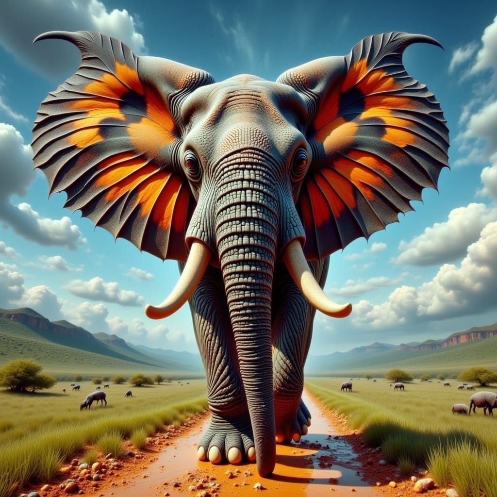 Elephant with Butterfly Ears in African Savanna