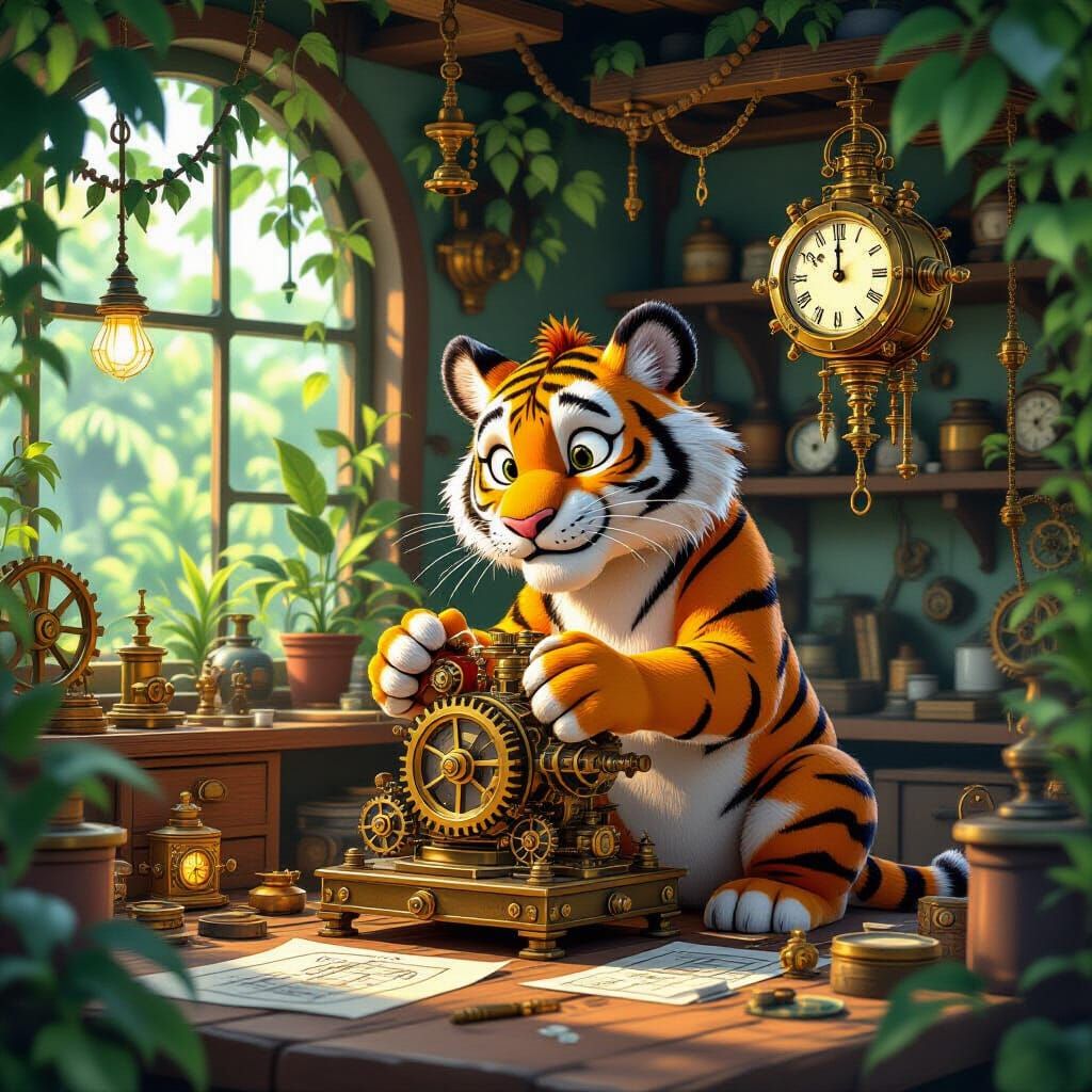 Tiger Inventor Assembles Steam Clock in Jungle Workshop