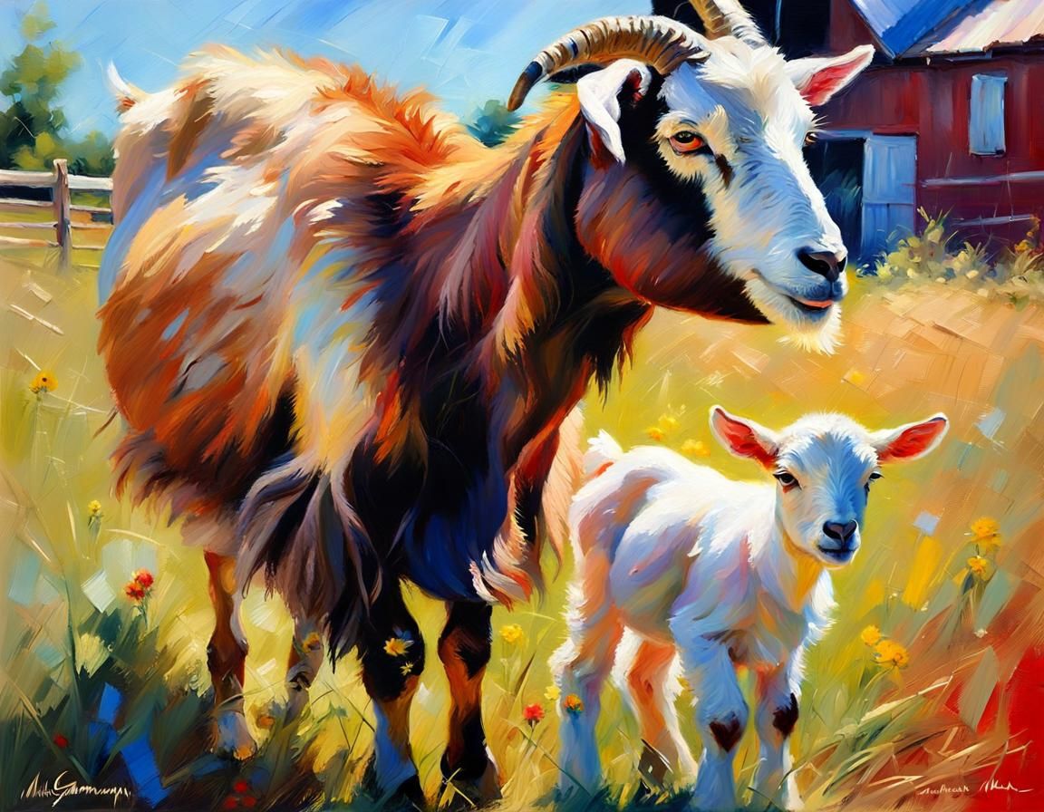 Goat Family in Impressionist Neo-Expressionist Style