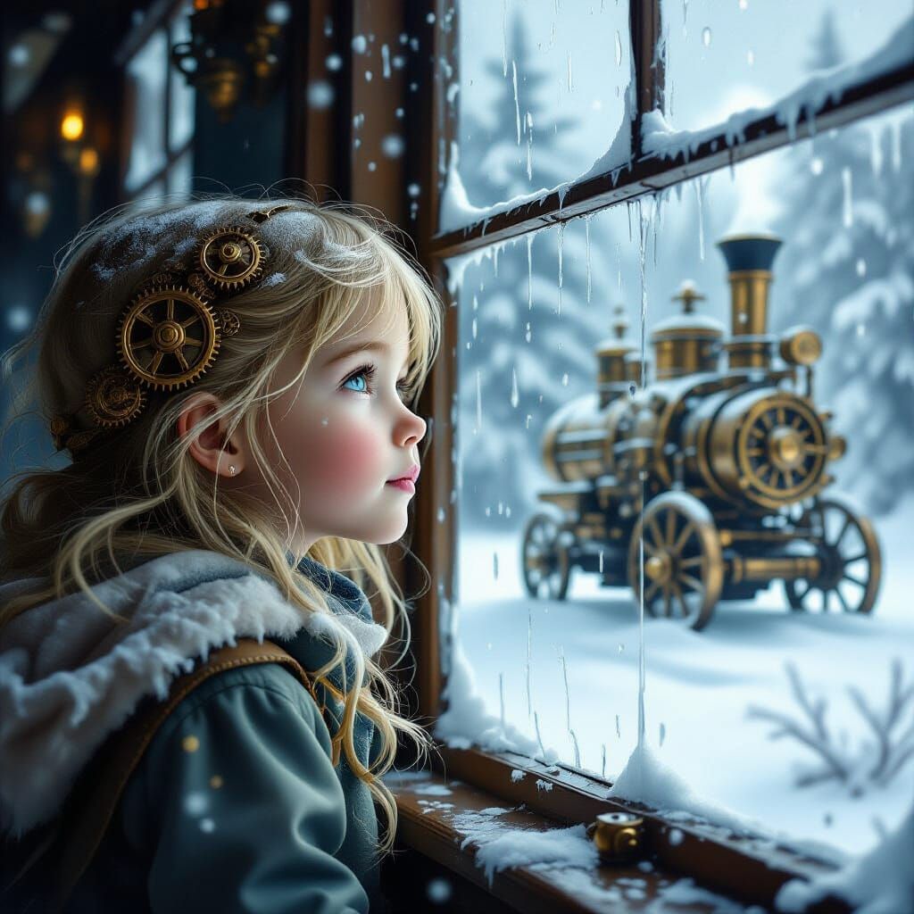 Girl Gazes at Snowy Landscape Through Steampunk Window