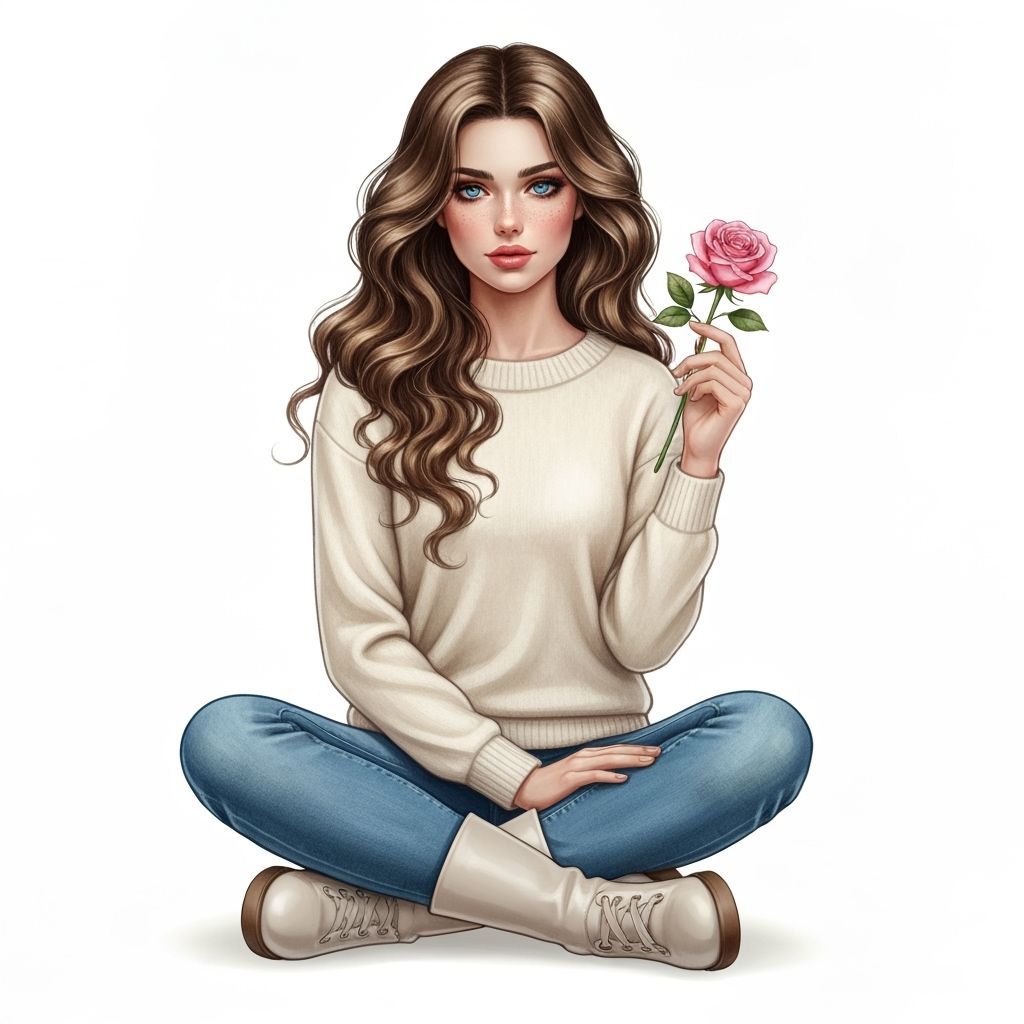 Young Woman with Rose: Digital Art with Watercolor