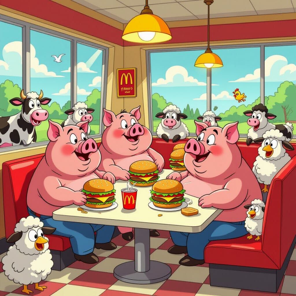 Cartoon Pigs Devouring Burgers in McDonald's