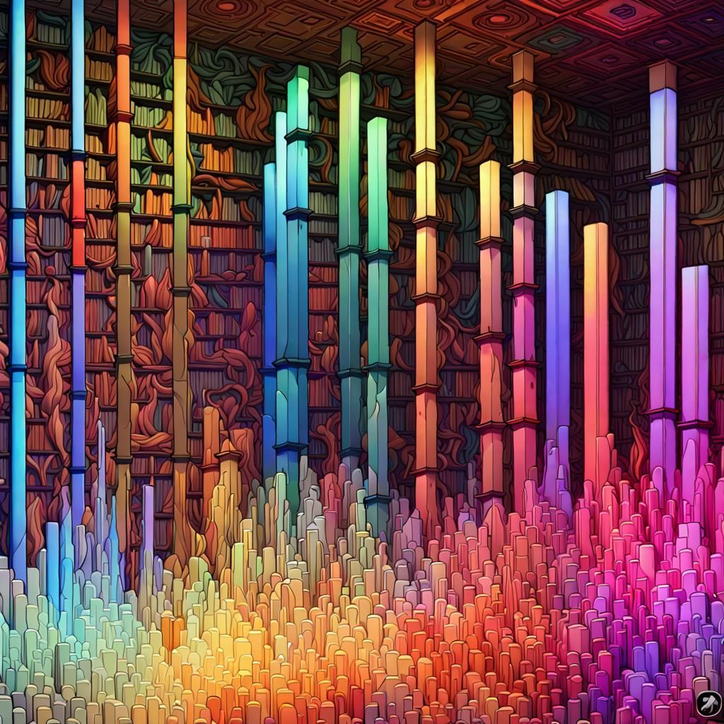 Musical frequency analysis " the Deus irae " with a vibrant colored lucite bars as display Splash art hyperdetailed dyn...