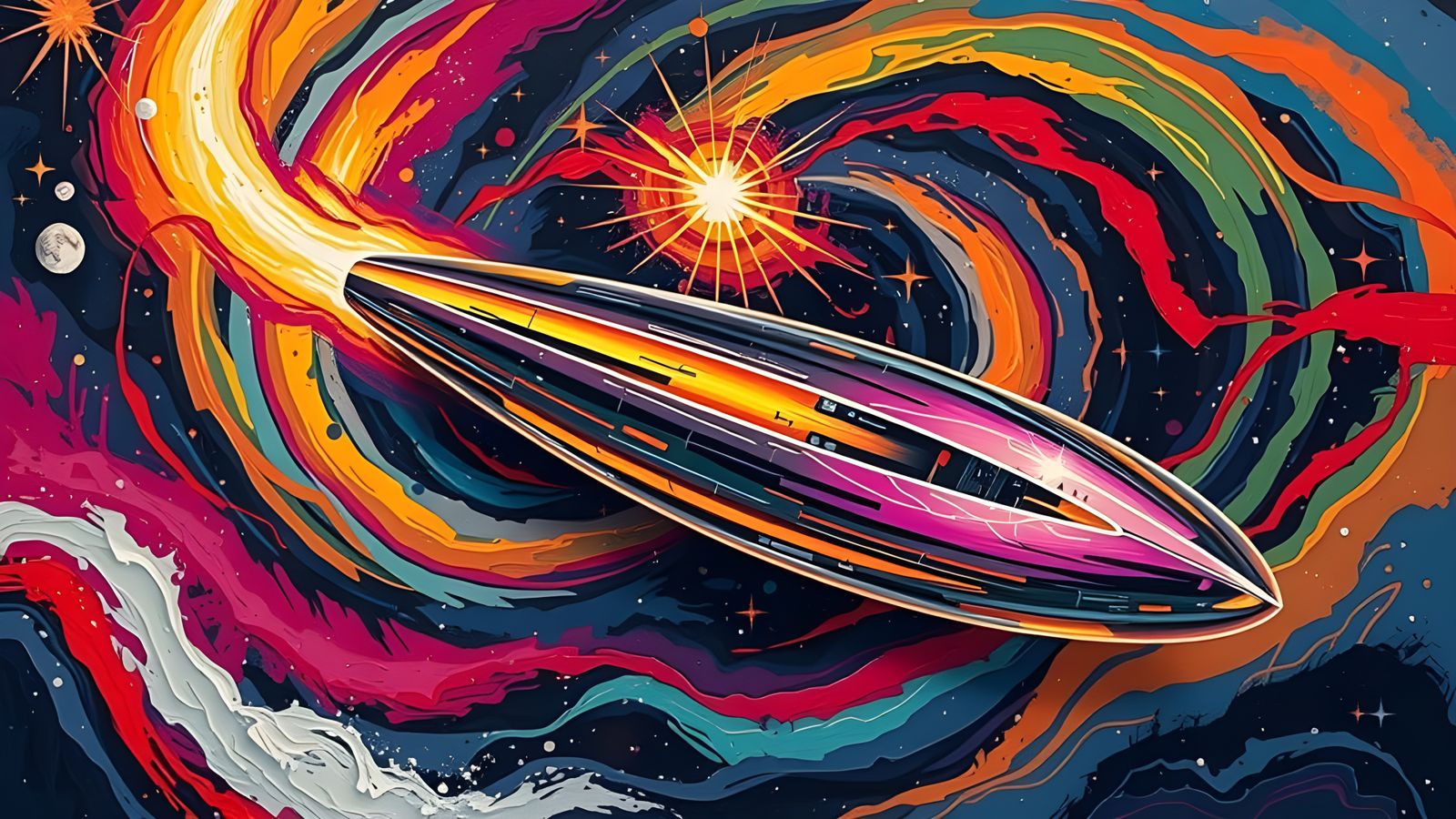 Iridescent Starship Accelerates Through Interstellar Vortex