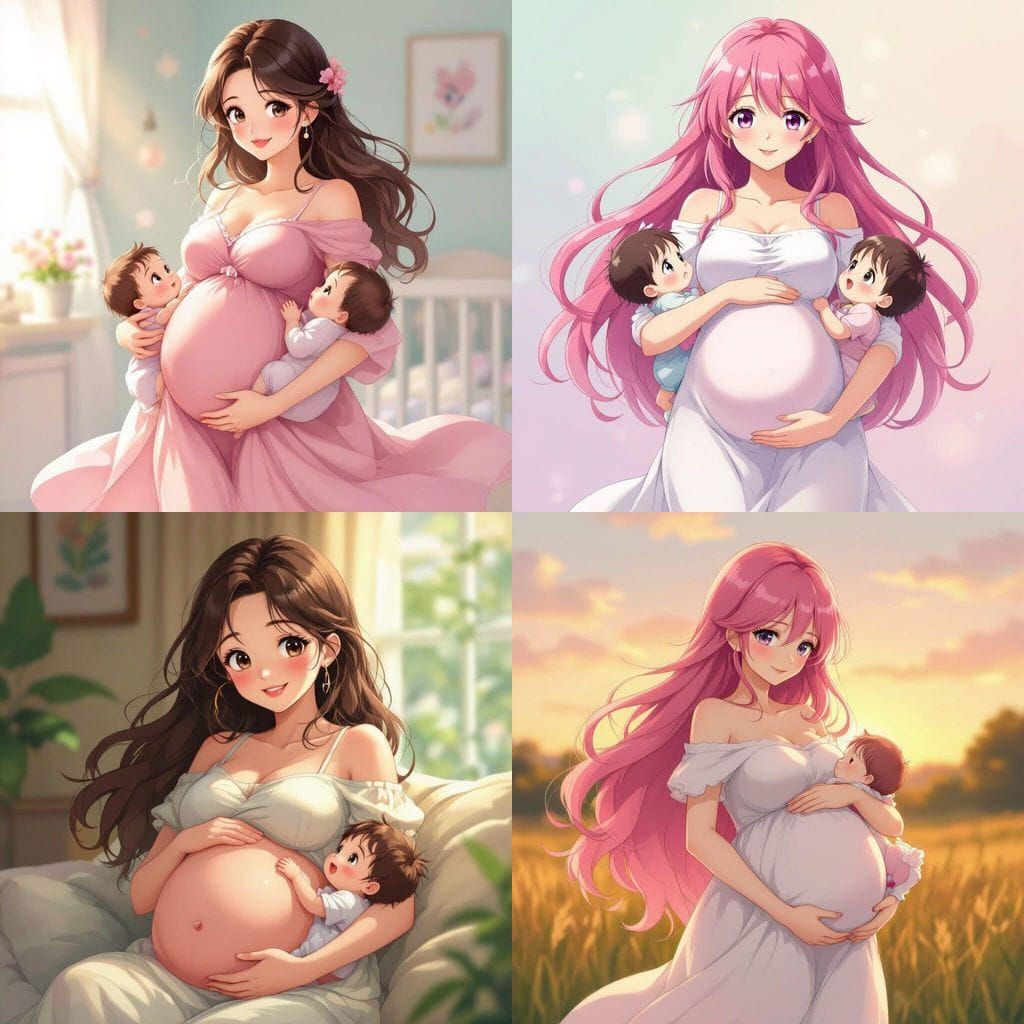 Cute Pregnant Anime Woman with Twins
