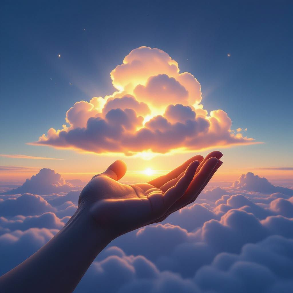 Colossal Hand Cupping Cloud at Twilight
