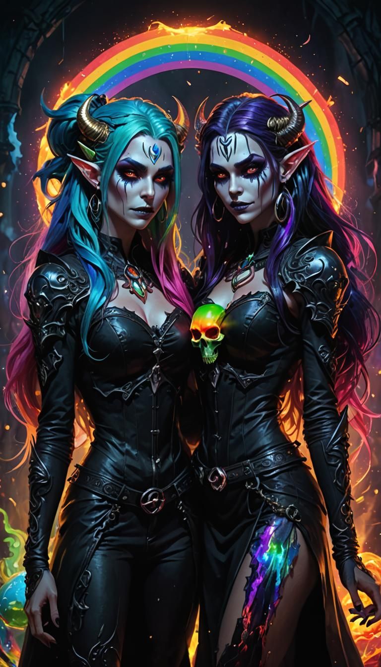 Two demon girls with long rainbow hair standing holding the ...