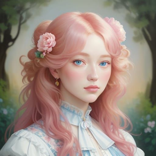 Rococo Girl Portrait Surrounded by Peonies
