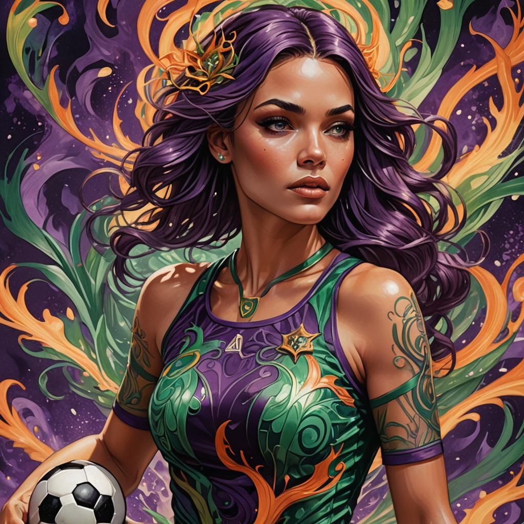 Art Nouveau Portrait with Flames and Soccer Jersey