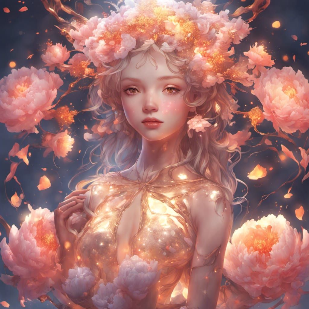 Luminous Lava Goddess with Peonies in Hyperrealistic Style