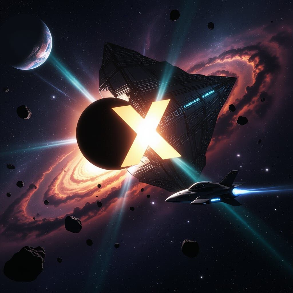 Sci-Fi Book Cover: Fractured Megastructure Near Black Hole