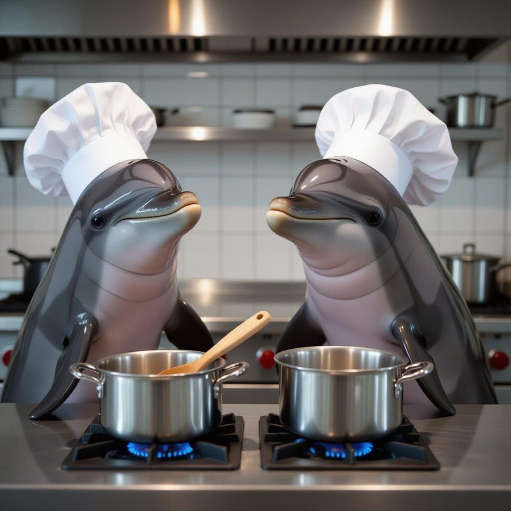 Dolphins Cooking in a Whimsical Kitchen
