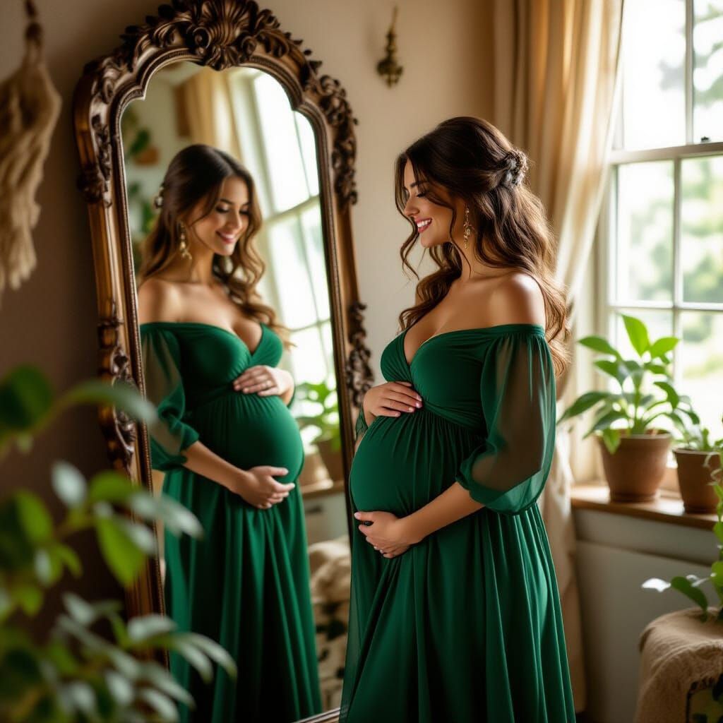 Pregnant Woman Tries Emerald Dress in Bohemian Room