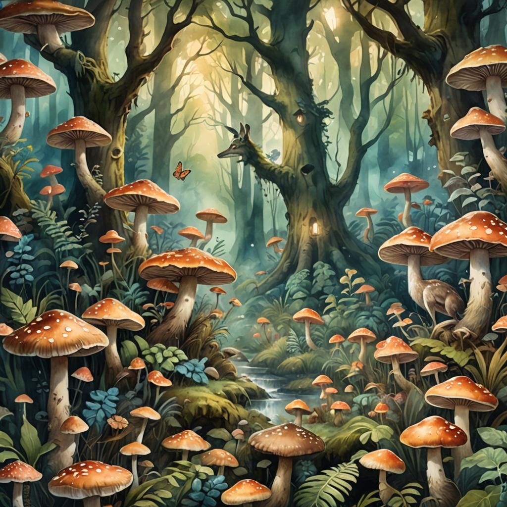 Fantasy Wildlife in Lush Forest: Watercolor Illustration