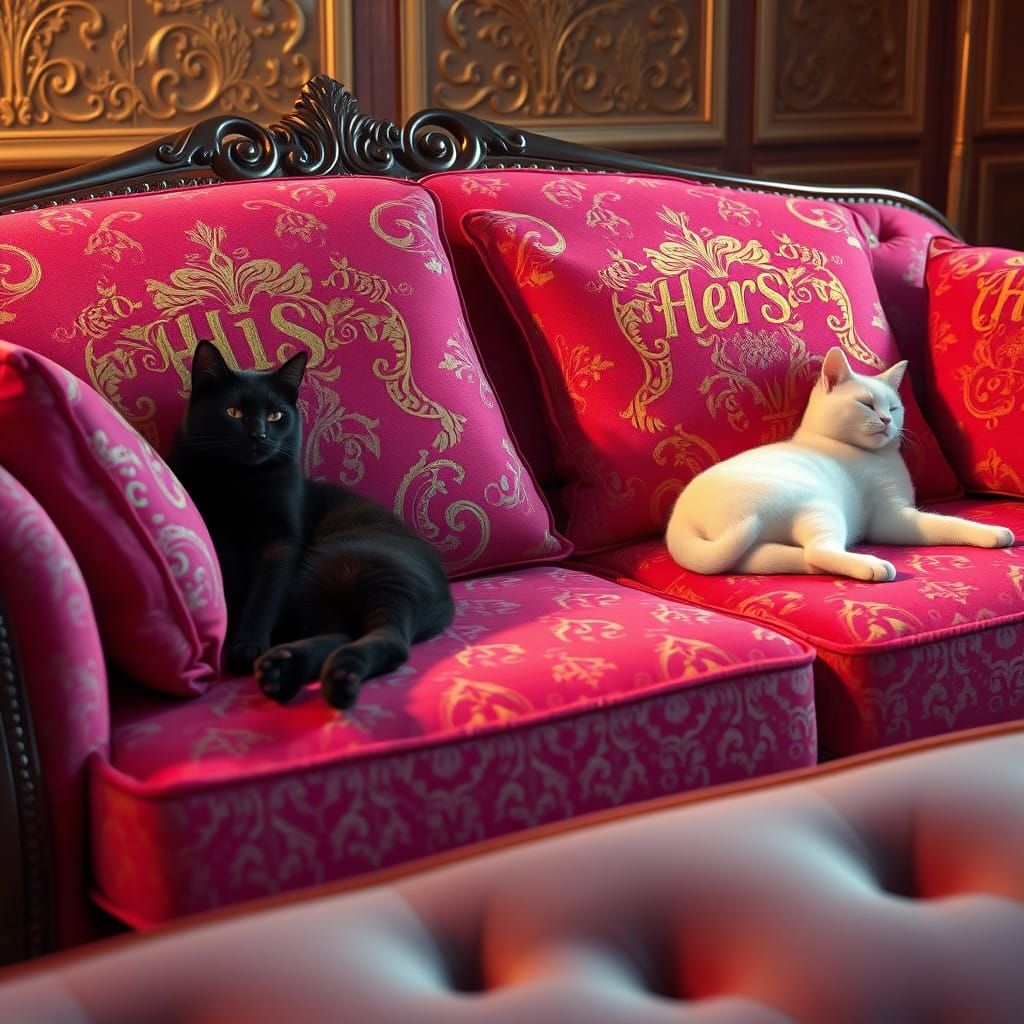 Two cats resting on their "His" and "Hers" pillows respectiv...