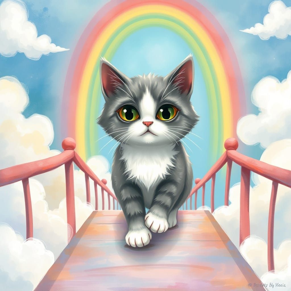 Whimsical Cat Stepping onto the Rainbow Bridge