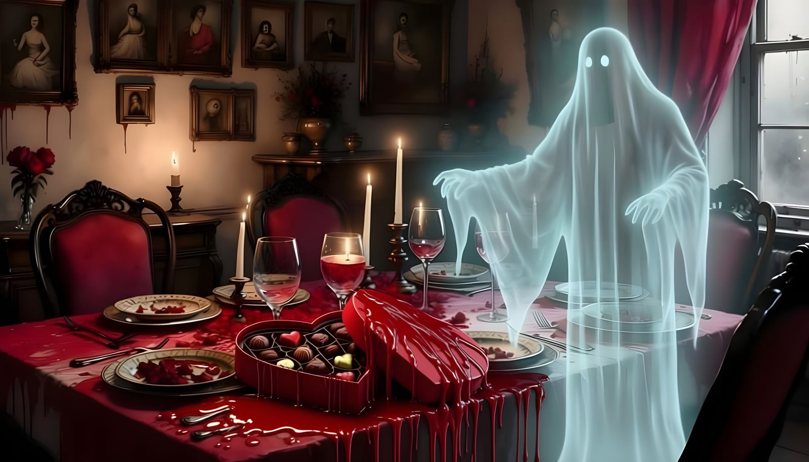 Macabre Valentine's Dinner Watched by Ghostly Specter