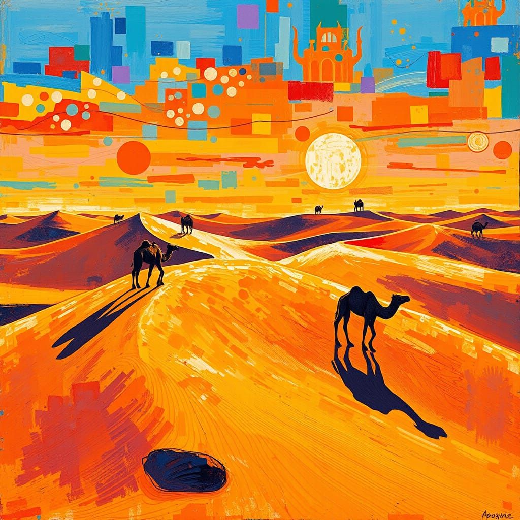 Vibrant Desert Landscape in a Cubist Psychedelic Aesthetic