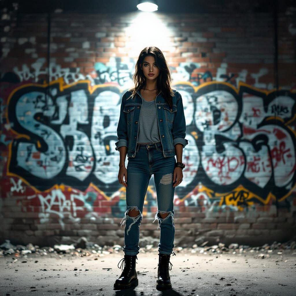 Urban Grit: Woman Silhouetted Against Graffiti Wall
