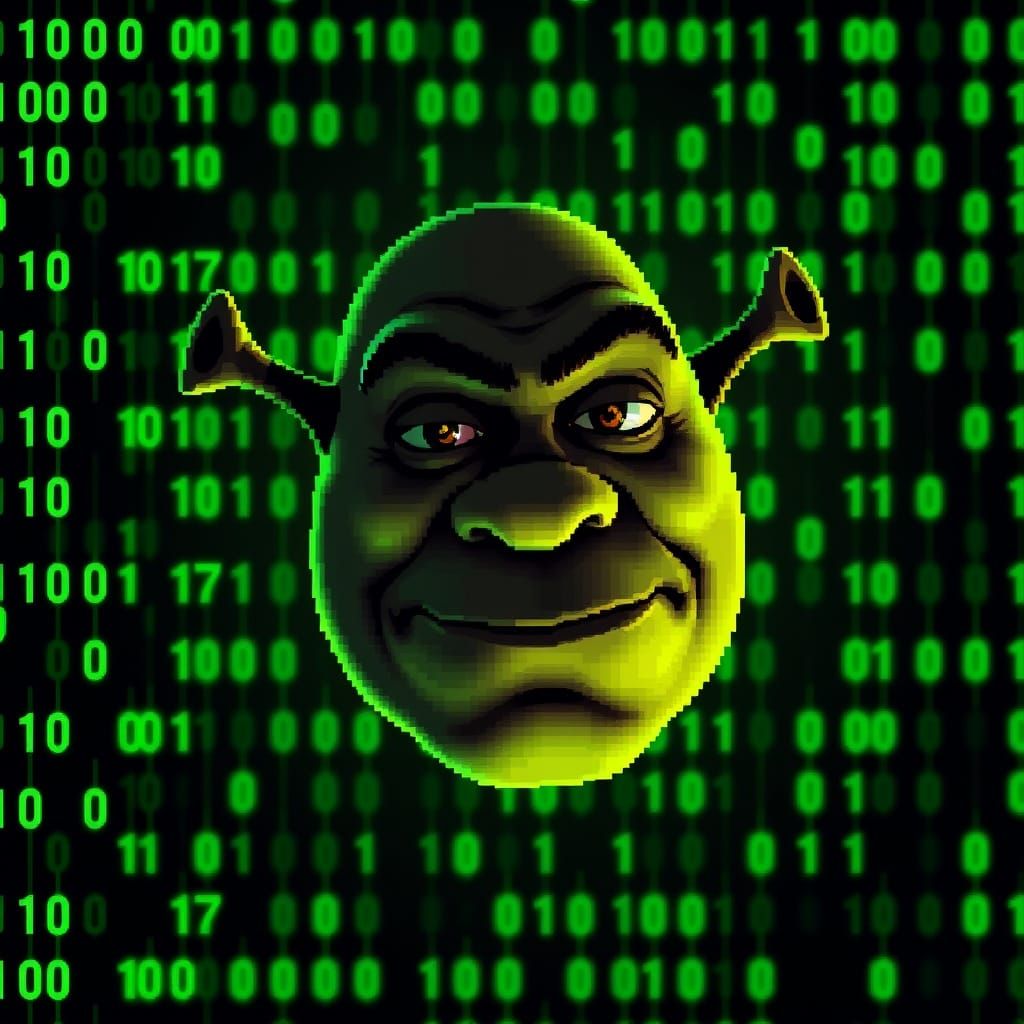 Shrek Pixel Portrait in Cyberpunk Binary Code