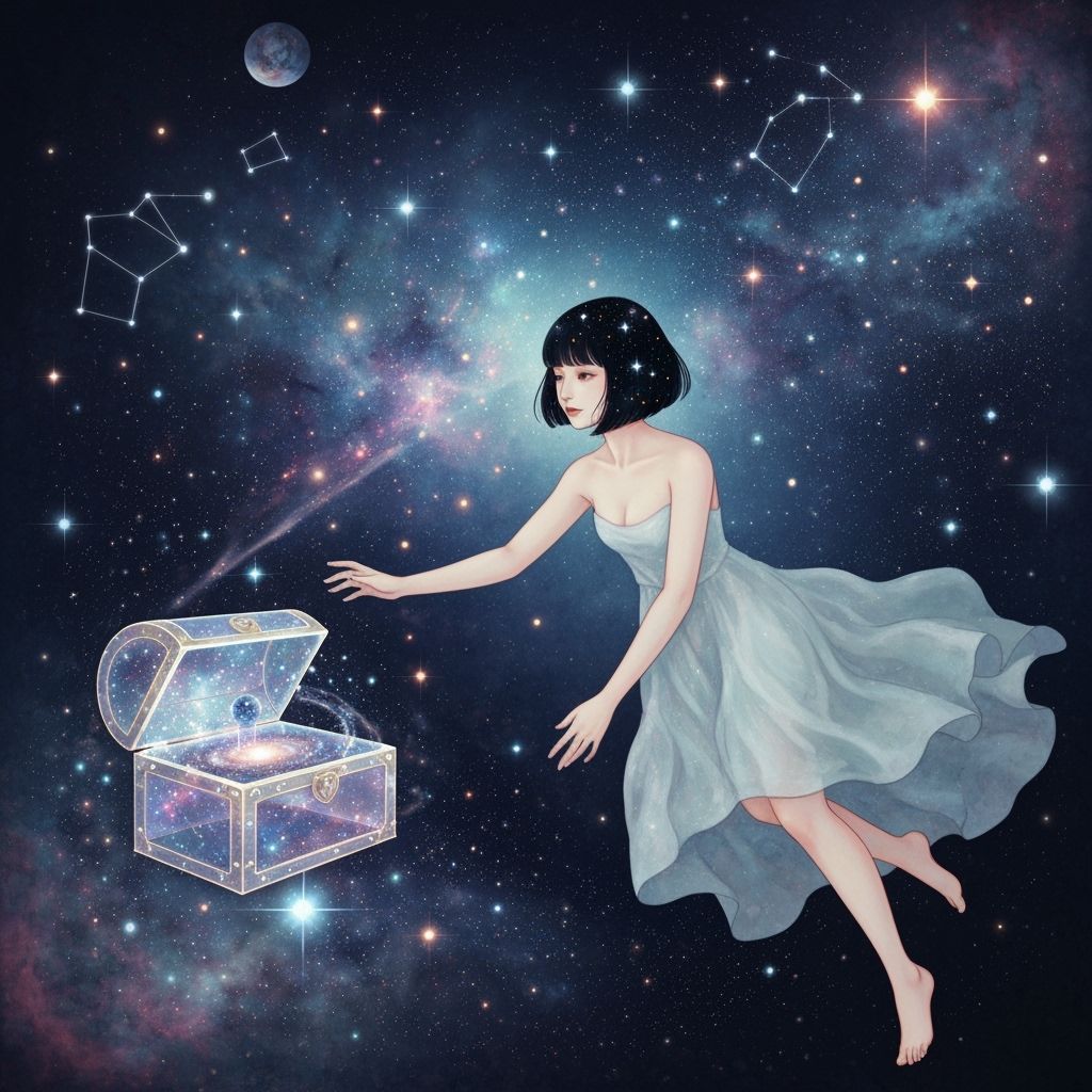 Celestial Woman Reaching for Galaxy Treasure