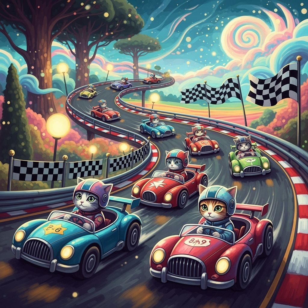 Cats Racing in Tiny Cars: Whimsical Digital Art
