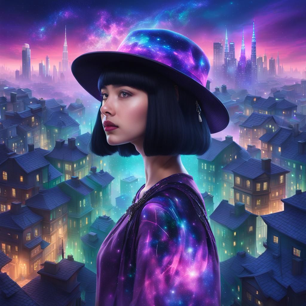 Girl in Building Hat with Neon Cityscape, Matte Painting
