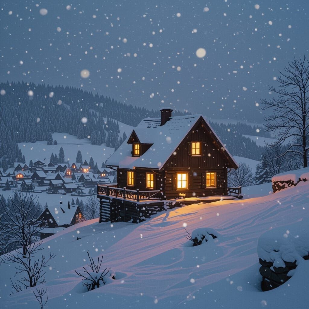 Cozy House on Snowy Hill: Cinematic Film Still