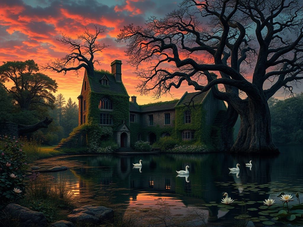 Mystical Manor Ruins on Lake's Edge, in Whimsical, Inkwork S...