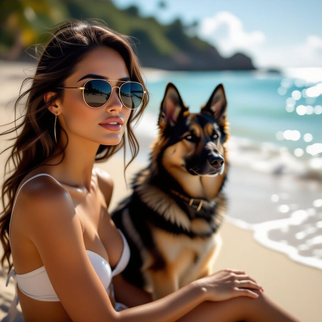 Woman and German Shepherd Relax on Sun-Drenched Beach