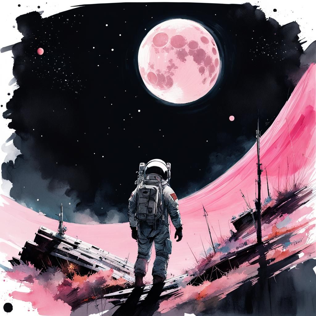 Astronauts Camping on Moon: Watercolor Splash Art