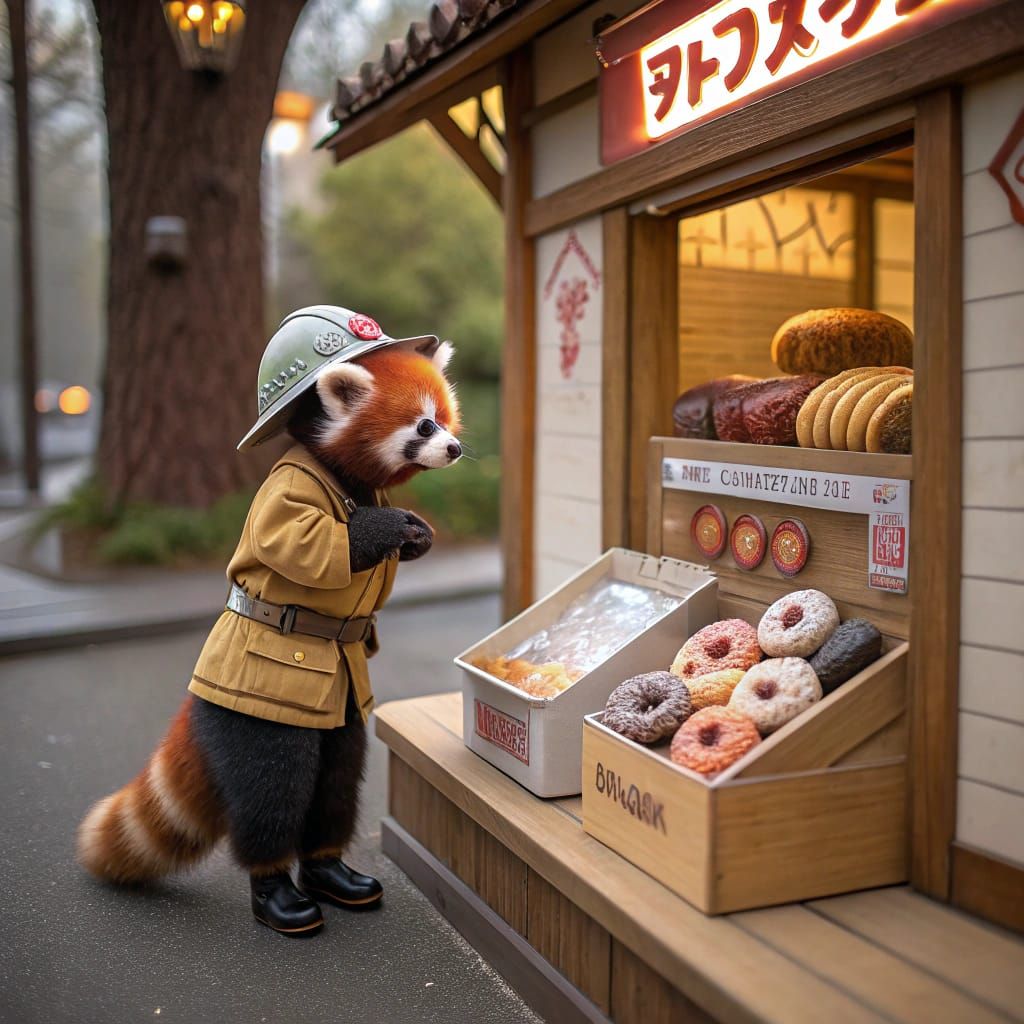 Red Panda Fireman and Donuts, Ghibli-Inspired Art
