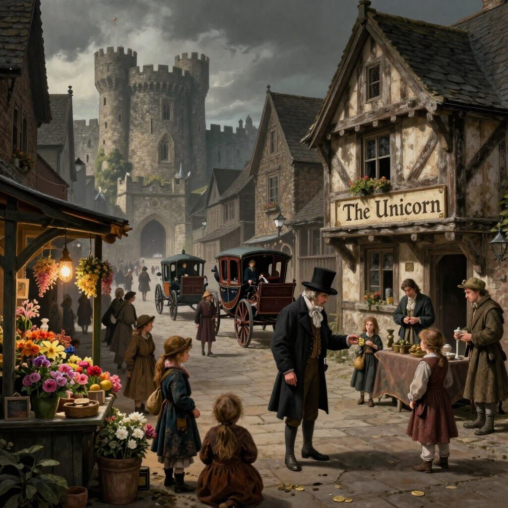14th Century Street Scene with Inn and Flower Shop